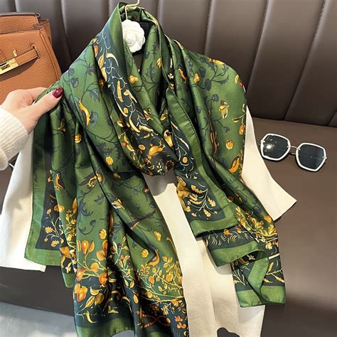 Vintage Imitation Silk Scarf Green Floral Print Long Shawl Vacation Beach Travel Sunscreen Shawl