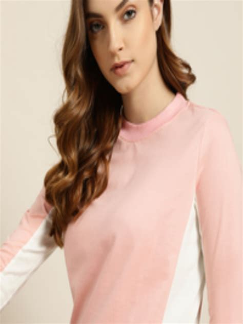 Buy Ether Women Peach Coloured And White Pure Cotton Colourblocked T