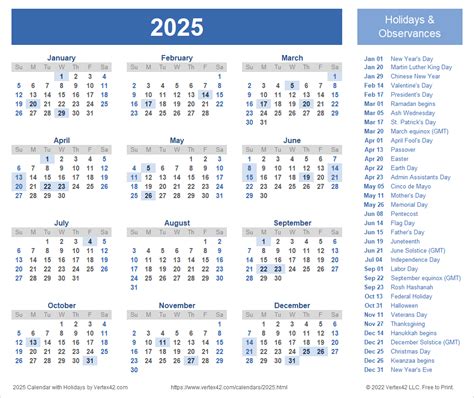 Free Calendar 2025 With Holidays