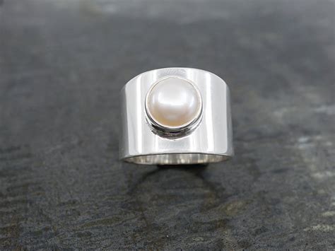 Modern Pearl Wide Sterling Silver Band Ring Corazon Sterling Silver