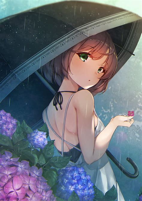 Anime Chicas Anime Paraguas Flores Ojos Verdes Fondo De Pantalla