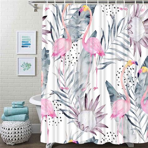 Flamingo Flower Shower Curtain Abstract Leaf Shower Curtain Waterproof