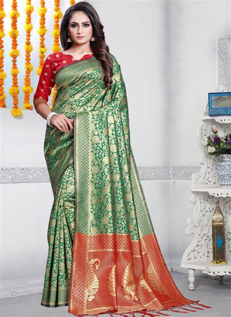 Buy Weaving Green Art Silk Designer Traditional Saree Online