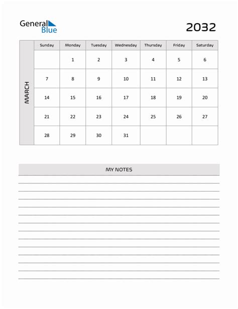 March 2032 Printable Monthly Calendar With Notes