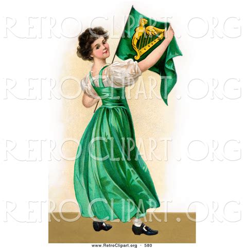 Clipart Of A Patriotic Irish Lady Wearing A Green Dress Holding An