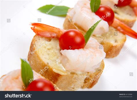 Closeup Of Delicious Shrimp Canape With Cherry Tomatoes Basil And