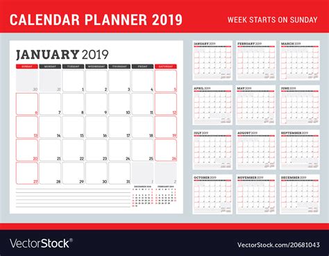 These calendars are great for families, schools, clubs, and other organizations. Calendar planner for 2019 year week starts on Vector Image