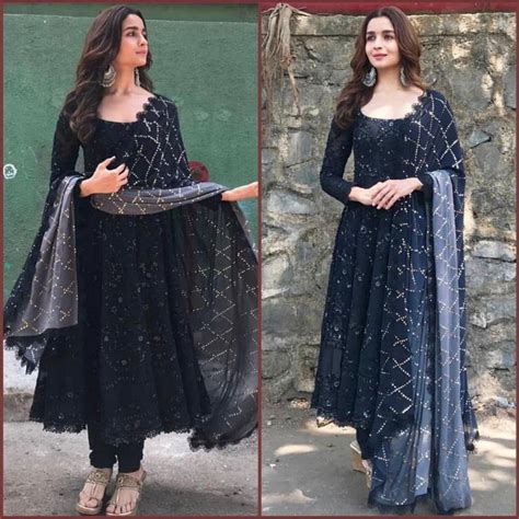 Bollywood Black Color Alia Bhatt Embroidered Semi Stitched Anarkali Dress Indian Style Indian