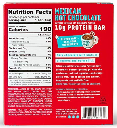 unite food high protein bar mexican hot chocolate flavor gluten free high fiber all natural