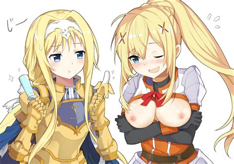Rule 34 2girls Alice Schuberg Armor Banana Blonde Hair Blue Eyes Blush Breasts Closed Mouth