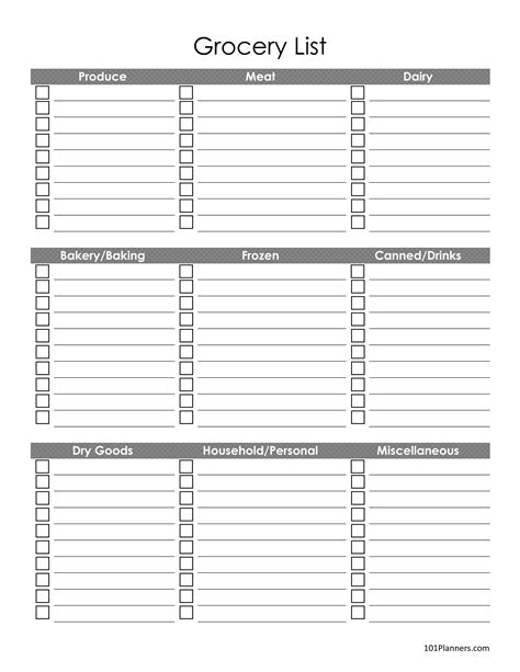 Grocery List Template Free Printable