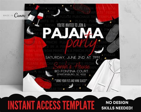Adult Pajama Party Black And Red Invitation Template Girls Etsy