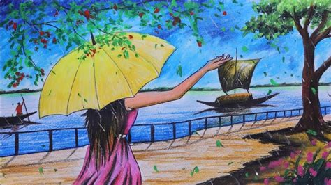 How To Draw Scenerylandscape Of Rainy Season Step By Step With Color