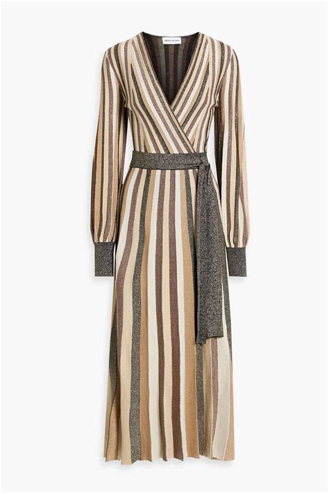Buy Rebecca Vallance Marsha Wrap Effect Metallic Striped Stretch Knit Midi Dress Neutral M