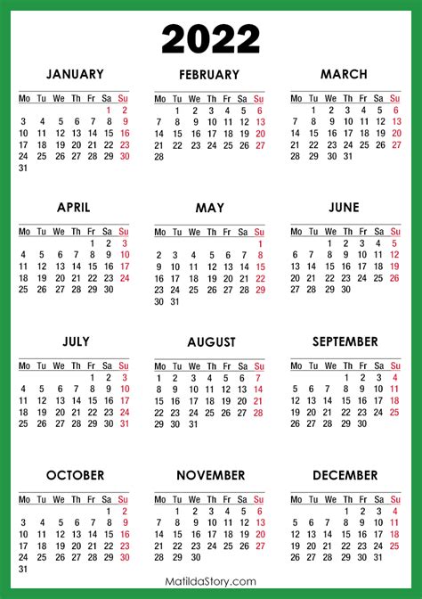 Printable 2022 Monthly Calendar Template Free Letter Templates