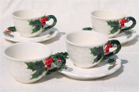 Vintage Lefton Christmas Holly White China Cups And Saucers Hand Painted