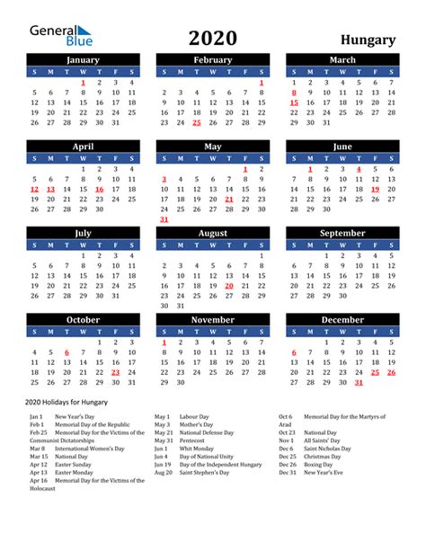 2020 Hungary Calendar With Holidays