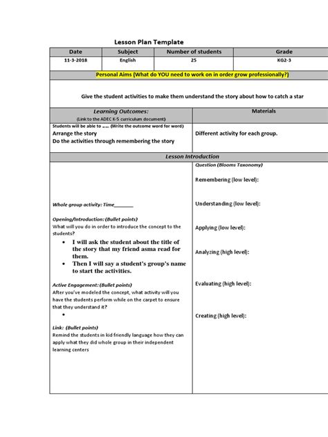 Lesson Plan Template Date Subject Number Of Students Grade Pdf