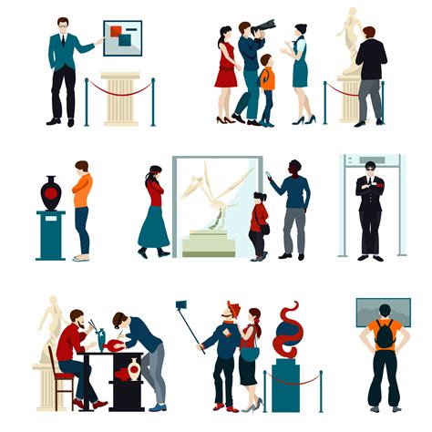 Color Icons Set Of People Visiting Exhibition 472526 Vector Art At Vecteezy