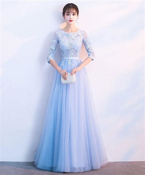 Blue Tulle Lace Long Prom Dress Blue Tulle Lace Bridesmaid Dress M2433