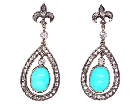 Edwardian Turquoise Rose Diamond Drop Earrings H The Antique