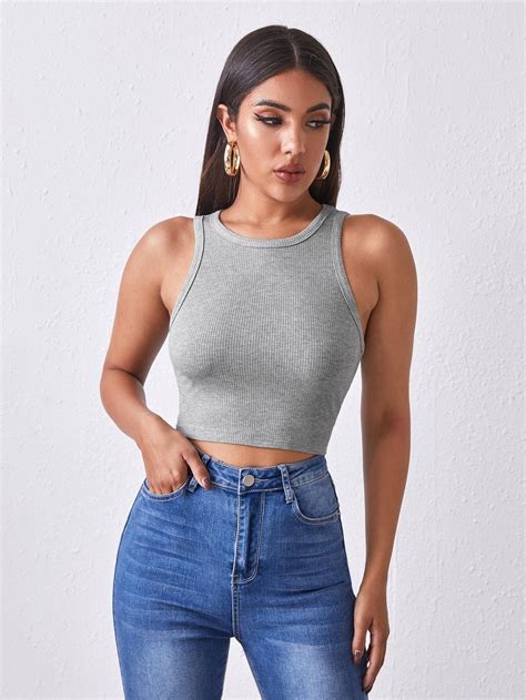 Solid Rib Knit Crop Tank Top Xs Grey In 2021 Cropped Tank Top