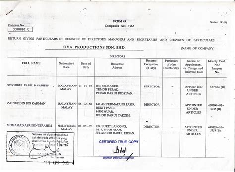 Form 49 companies act, 1965 (section 141(6) ). .: OVA PRODUCTIONS SDN.BHD.