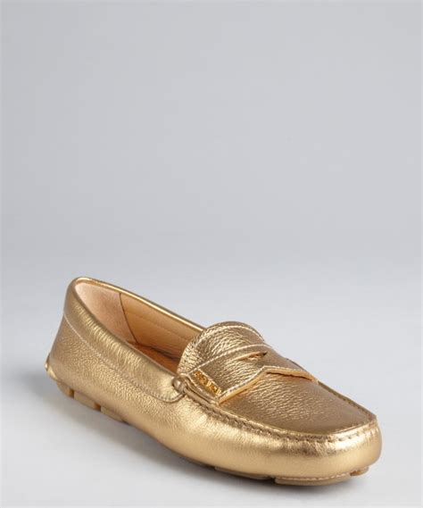 Lyst Prada Gold Leather Penny Loafers In Metallic