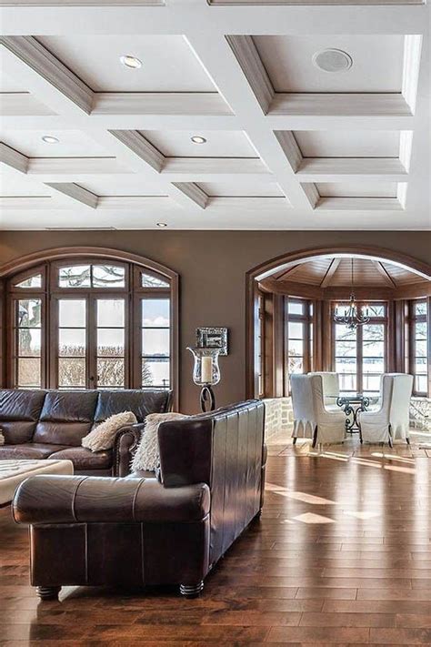 Sheetrocked Living Room Coffered Ceiling With Crown Molding Brown