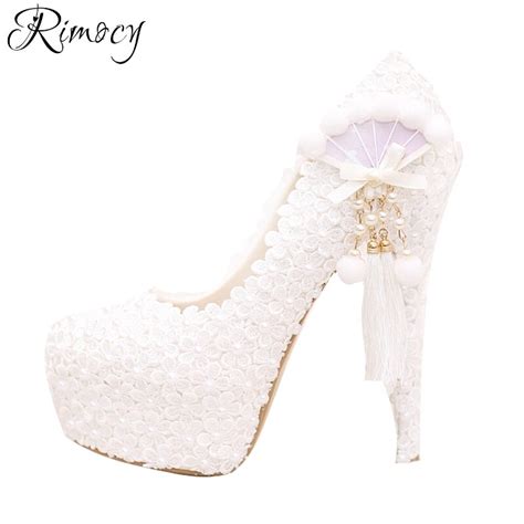 Rimocy White Lace Floral Wedding Shoes Woman Super High Heels 14cm