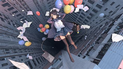 2048x1152 Anime Girl Falling School Uniform Balloon 4k 2048x1152