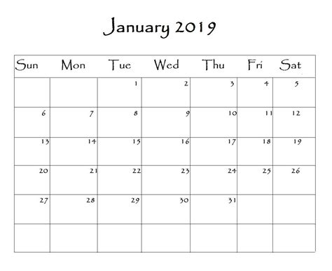 January 2019 Calendar Word Calendar Printables Monthly Calendar