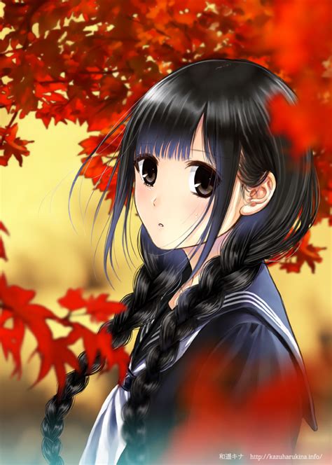 Safebooru 1girl Autumn Autumn Leaves Braid Brown Eyes Kazuharu Kina Long Hair Original School