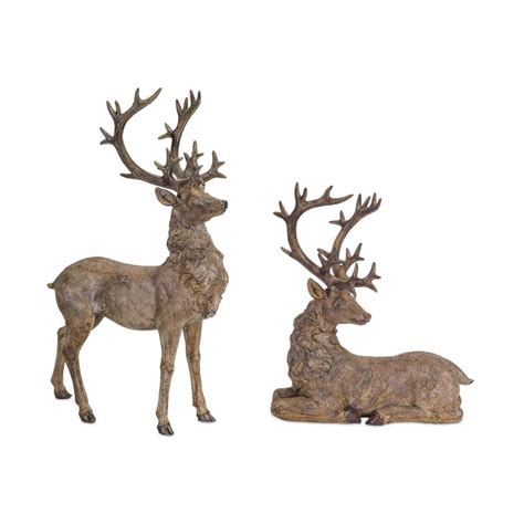 Set Of 2 Brown Distressed Finish Deer Figurines Christmas Decorations