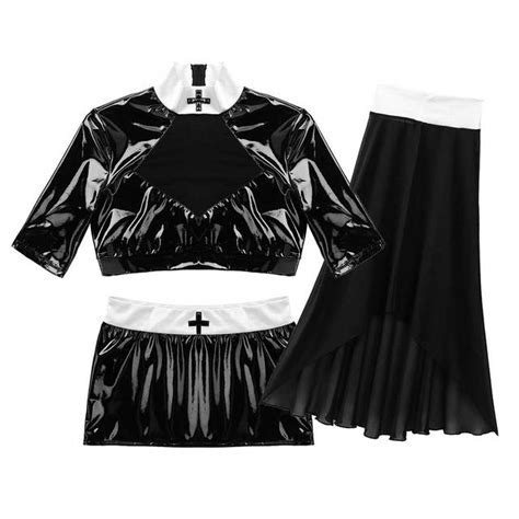 Women Sex Nun Cosplay Latex Uniform Wetlook Leather Crop Topmini Skirt Headpiece Erotic Nurse
