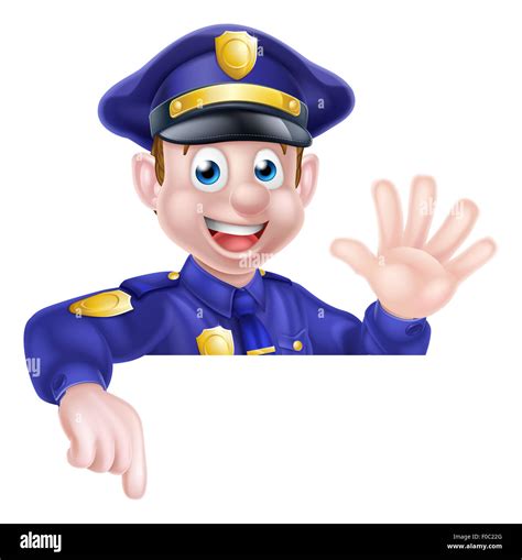 A Cartoon Friendly Policeman Leaning Over A Sign Waving And Pointing At