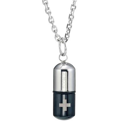 Urban Jewelry Mens Stainless Steel Pill Cross Necklace Pendant Black And Silver 21 Inches