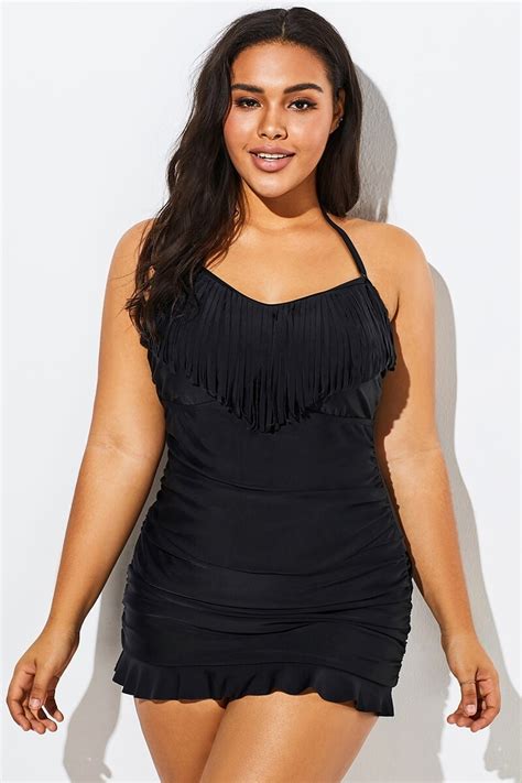 Solid Black Fringe Ruffle Hem Bandeau Swimdress Meetcurve Meetcurve