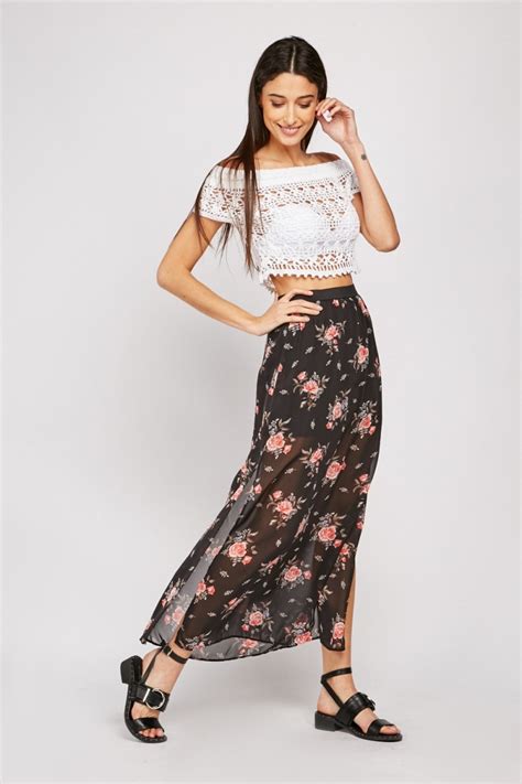 Floral Sheer Chiffon Maxi Skirt Black Multi Just 3