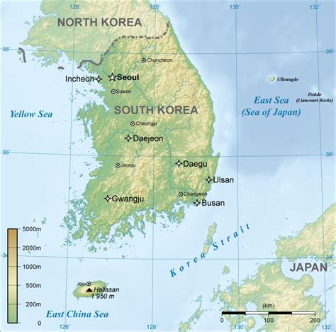 韩国地形图英文版 韩国地图 初高中地理网