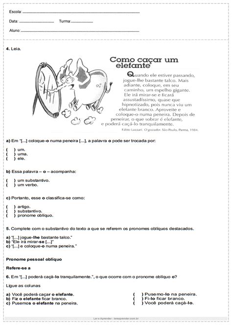 Interpretação De Texto Com Pronomes 6o Ano Com Gabarito
