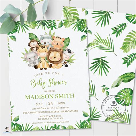 Cute Greenery Jungle Animals Safari Baby Shower Invitation Editable