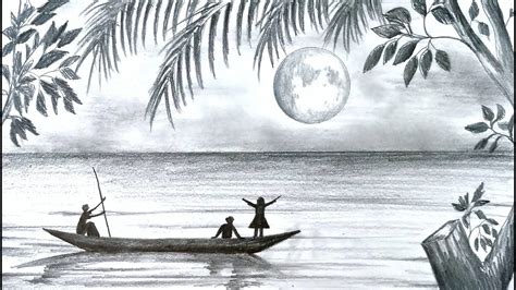 How To Draw Scenery Of Moonlight Night Scene With Pencil Sketch Step By