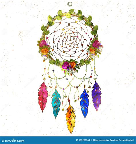 Boho Style Hand Drawn Dream Catcher With Ethnic Floral Pattern Stock