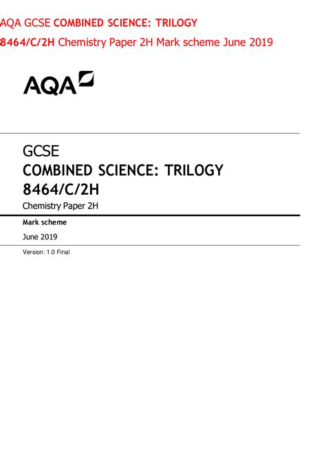Aqa Gcse Combined Science Trilogy 8464c2h Chemistry Paper 2h Mark
