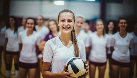 premium ai image happy women in volleyball wear posing on the volleyball court the captain