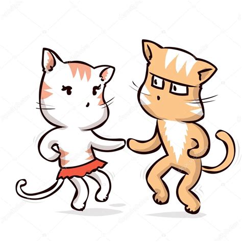 Two Dancing Cats Hand Drawn Cartoon Vector Illustration Premium