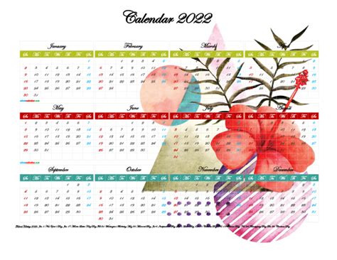 12 Printable Yearly 2022 Calendar With Holidays Watercolor Premium