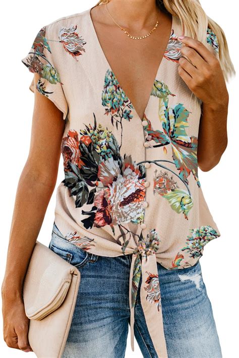 Asvivid Womens Floral Printed Button Down V Neck Tops Ruffle Cap Sleeve Tie Knot