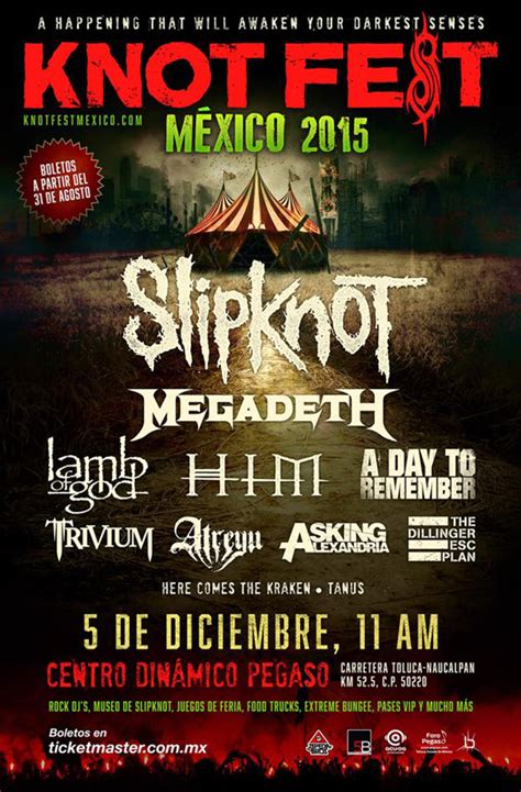 Aug 17, 2021 · este martes se confirmó la realización del knotfest chile 2022, uno de los primeros megaeventos del país tras el inicio de la pandemia del coronavirus, el cual contará con la participación. Cartel del Knotfest México 2015 - Me hace ruido